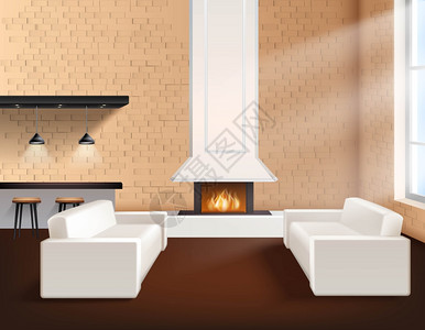 壁炉元素现实的阁楼内部现实的阁楼内部极简风格的与两个沙发橱柜壁炉矢量插图插画