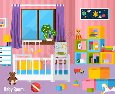 创造力家具婴儿房平彩色构图婴儿房平彩色构图与婴儿家具玩具篮儿童创意矢量插图元素插画