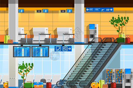 机场元素机场航站楼平成机场航站楼平构成与出发休息室旅李时间表计分板扶梯装饰元素矢量插图插画