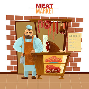 屠夫卡通插图屠夫肉类市场与香肠,牛肉培根卡通矢量插图图片