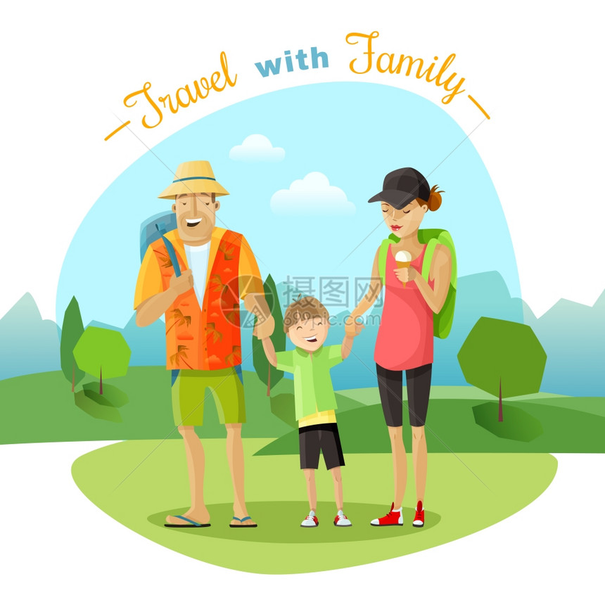 家庭旅行插图家庭旅行与父母孩子公园卡通矢量插图图片