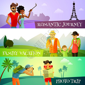 旅行横幅旅游水平卡通横幅照片旅行家庭度假符号矢量插图图片