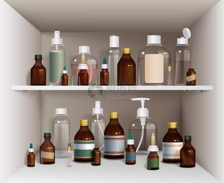 货架上的医疗瓶医疗瓶元素收集医疗瓶矢量插图医疗瓶装饰套装货架上的医疗瓶套装货架上的医疗瓶现实的图片