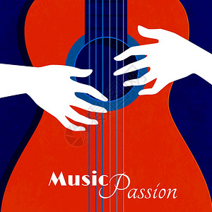 吉他宣传单音乐激情海报音乐激情海报与红色吉他剪影蓝色背景男手弦平矢量插图插画