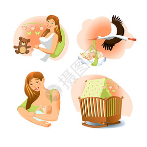 篮曲婴儿出生装置婴儿出生图像集孕妇鹳与儿童婴儿床母亲婴儿平孤立矢量插图插画