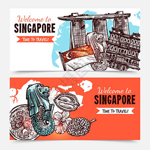 玛丽娜新加坡手绘草图横幅新加坡手绘草图横幅与酒店滨海湾沙滩鱼尾狮兰花图像矢量插图插画