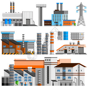 正交的工业建筑正交集工业建筑正交集与管道平隔离矢量图插画