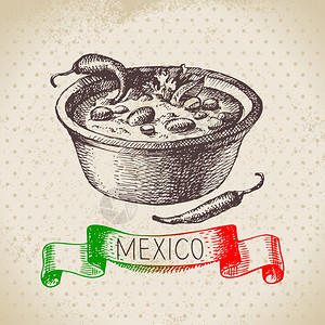 墨西哥传统食品背景与辣椒卡恩手绘草图矢量插图老式墨西哥菜横幅插画
