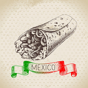 三明治手绘墨西哥传统食品背景墨西哥玉米煎饼手绘草图矢量插图老式墨西哥菜横幅插画