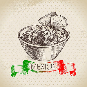 墨西哥传统食品背景与鳄梨酱手绘草图矢量插图老式墨西哥菜横幅插画