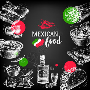 墨西哥传统食品背景手绘草图矢量插图老式墨西哥菜横幅餐厅菜单图片