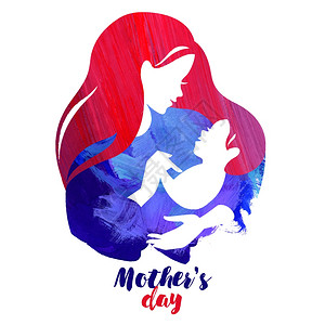 婴儿吊带丙烯酸水彩画美丽的母亲剪影与婴儿白色背景上的矢量标插图插画
