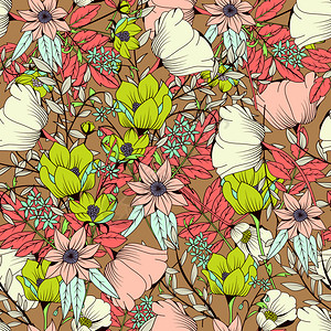 无缝图案与手绘花卉花卉元素,矢量插图背景图片