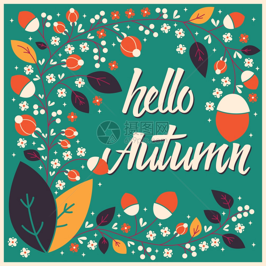 秋季卡片与花框印刷信息,矢量插图图片