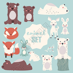 收集可爱的森林极地动物与婴儿幼崽,包括熊,狐狸,小鹿兔子,矢量插图背景图片