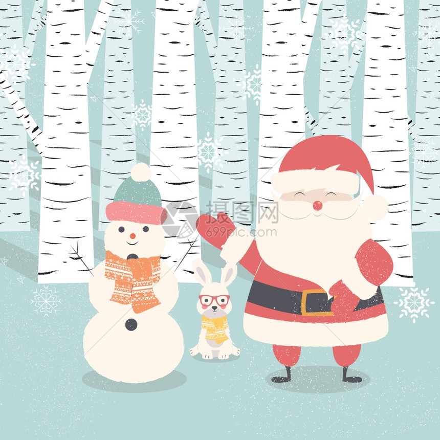 诞快乐明信片与诞老人,雪人,兔子森林,矢量插图图片