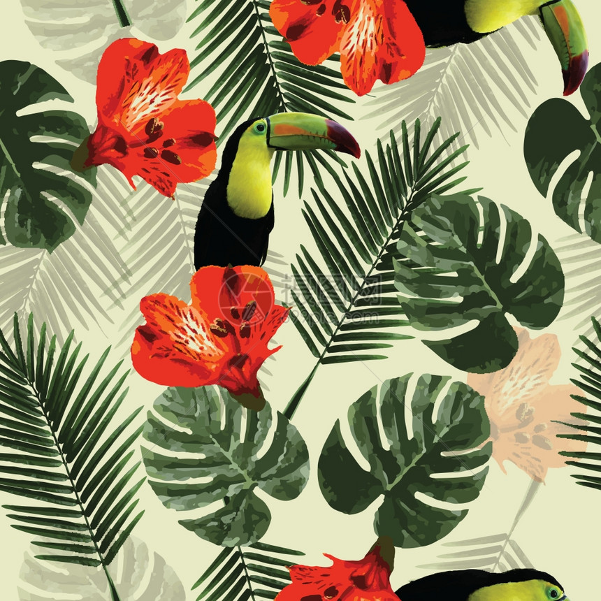 热带无缝图案与巨嘴鹦鹉,花棕榈叶,矢量插图图片