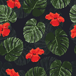 热带无缝图案与棕榈叶花,矢量插图图片