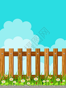 木栅栏着蓝天草花昆虫的形象矢量图片