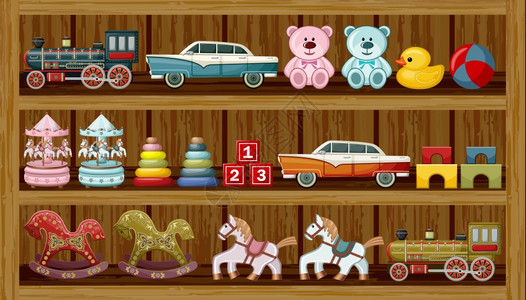 木制玩具木制橱窗带老式玩具的商店橱窗矢量插图插画