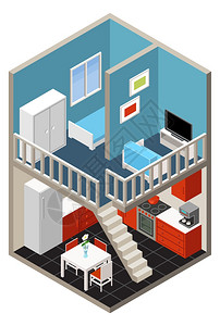 带家具的公寓带家具的矢量等距房屋插画