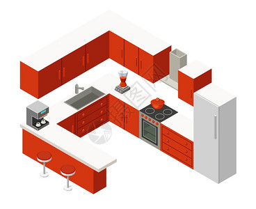矢量等距厨房与红色家具图片