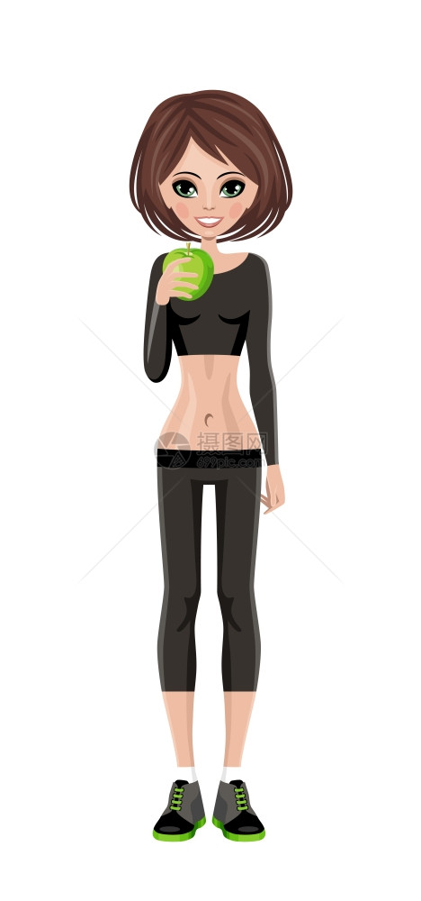 穿着训练服的带苹果的运动女孩健身教练矢量图片