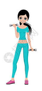 手举哑铃穿着训练服戴哑铃的运动女孩健身教练矢量插画