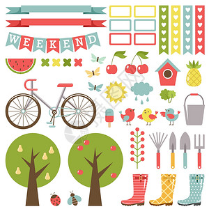 园艺装饰可爱的园艺装置贴纸口香糖,自行车果树矢量插画