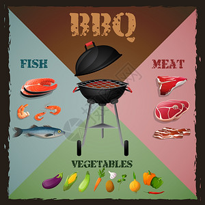 烧烤烧烤烧烤菜单海报与肉鱼蔬菜矢量插图图片