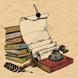 钢笔宣传单老式书籍与纸卷羽毛墨水壶彩色手绘装饰背景矢量插图插画