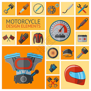 摩托车零件装饰图标与电机元件车轮活塞隔离矢量插图图片