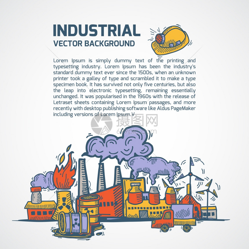 工业彩色素描背景模板与工厂管道卡车标题矢量插图图片