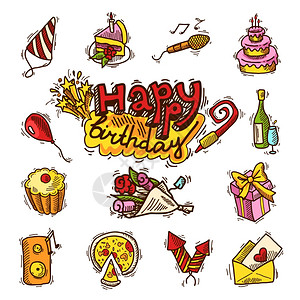 生日快乐派庆祝小品装饰元素蛋糕麦克风气球孤立矢量插图图片