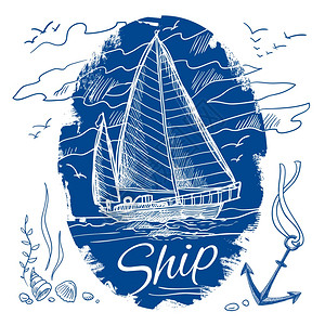 航海标志与蓝色素描,帆船海洋背景矢量插图图片