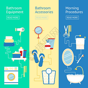 浴室横幅平彩色与设备上午程序元素隔离矢量插图背景图片