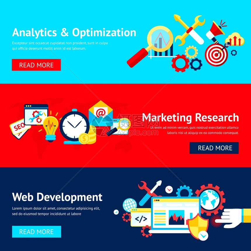 SEO平横幅与分析优化营销研究网页开发孤立矢量插图图片