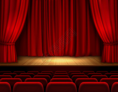 座位光剧院舞台与红色天鹅绒开放复古风格窗帘背景矢量插图插画