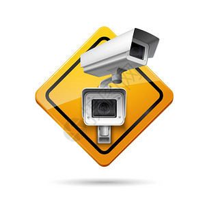黄色摄像机视频监控黄色标志与安全摄像机数字控制矢量插图插画