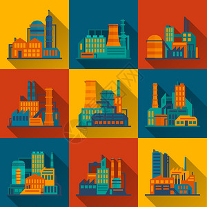城市宣传图工业城市建设电力建筑平长阴影图标孤立矢量插图插画