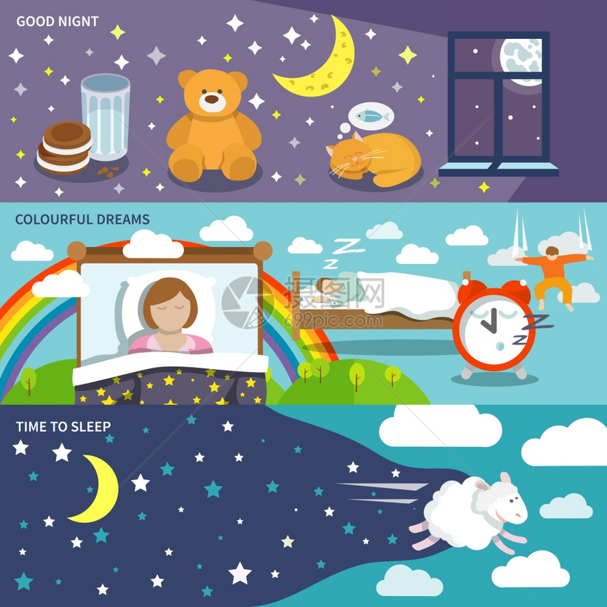 睡眠时间横幅与晚安,五颜六色的梦,矢量插图图片