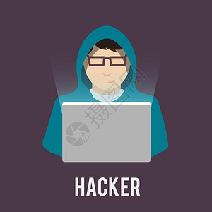 黑客图标男子帽衫与笔记本电脑平隔离黑暗背景矢量插图图片
