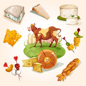 天然奶酪与食品分类牛色装饰图标矢量插图背景图片