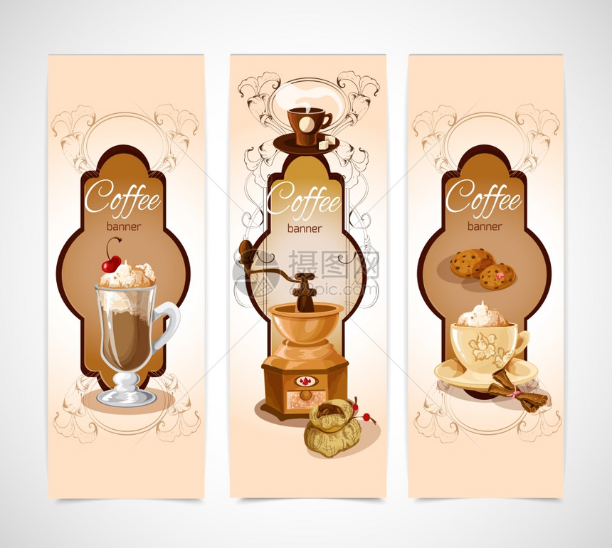 咖啡色垂直横幅与土耳其饼干肉桂磨床杯隔离矢量插图图片