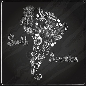 南美洲黑板手绘与大陆形状旅行符号矢量插图图片