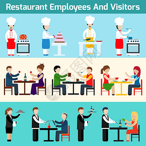 餐厅服务员员工平横幅矢量插图图片