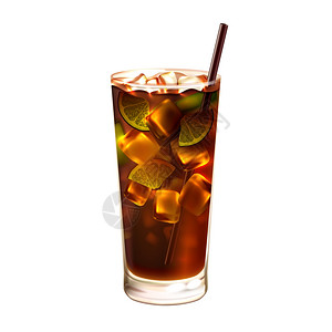 长岛冰茶写实鸡尾酒璃与饮用吸管隔离白色背景矢量插图背景图片