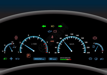 运输特写镜头汽车仪表板现代汽车控制照明板速度矢量插图插画