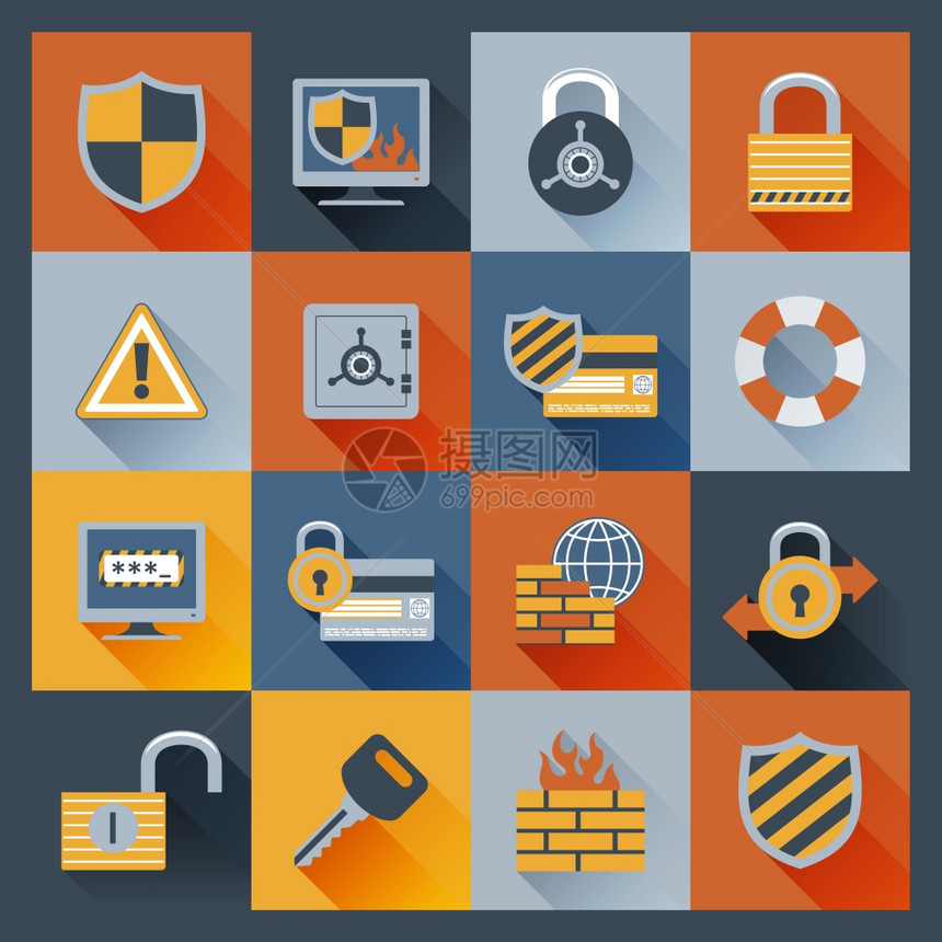 安全计算机网络数据安全平图标防火墙监控挂锁元素隔离矢量插图图片
