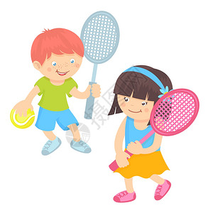 双打男孩女孩与运动设备打网球隔离白色背景矢量插图插画